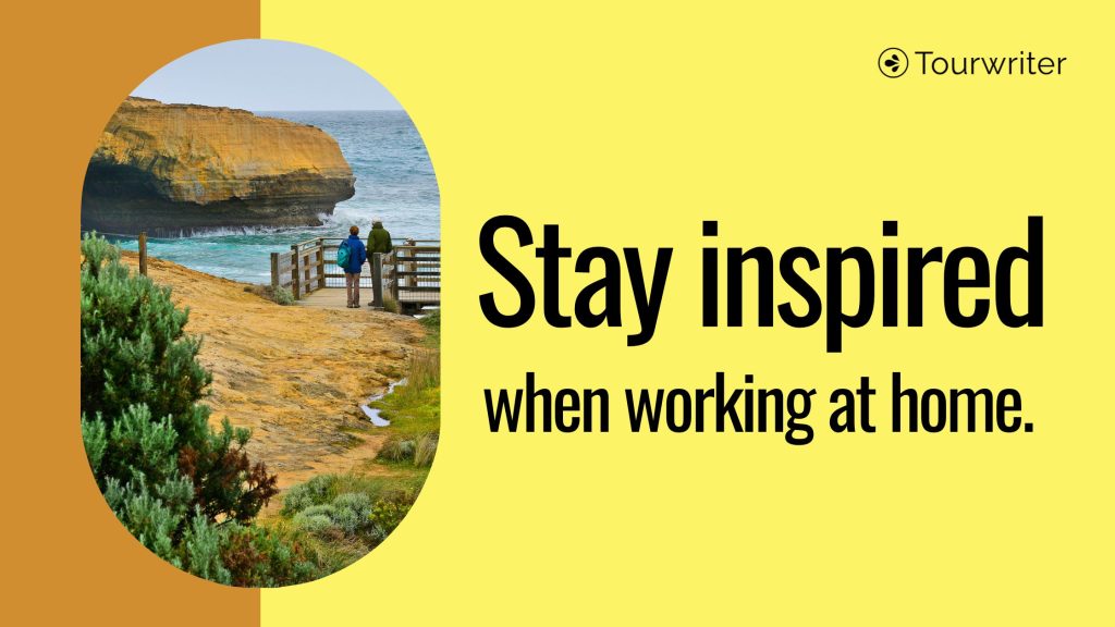 Two travellers who are experiencing a creative personalised itinerary created by a tour operator. With the words Stay inspired when working at home.