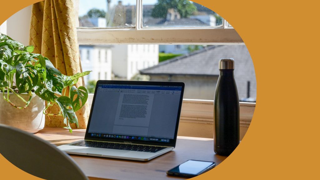 A naturally lit home office for a travel designer with a plant on the desk