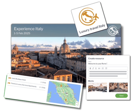 Tourwriter itinerary design, maps and branding Screenshot of Tourwriters reservation software for tour operators showcasing itinerary design, maps & branding features
