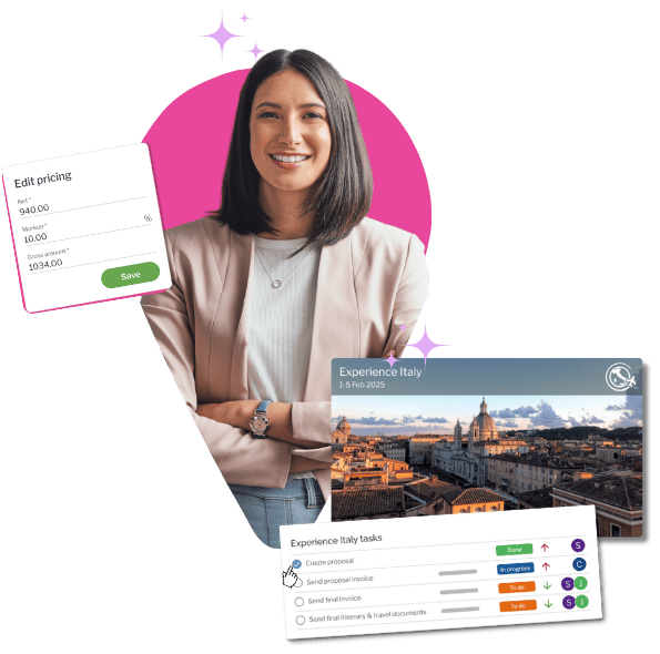 Tourwriter homepage hero Confident tour operator surrounded by her software