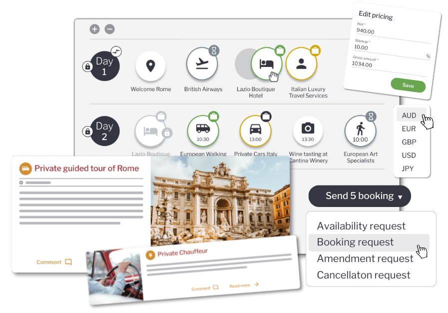 Tourwriter itinerary, bookings and pricing features Screenshot of bookings and pricing features itinerary Builder Software for Tour Operators